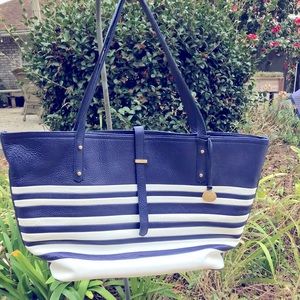 Brahmin navy/white striped leather tote bag